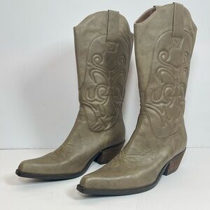 Nine West Taupe Leather Cowgirl Boots Women’s 9.5 Western Boho Festival Style